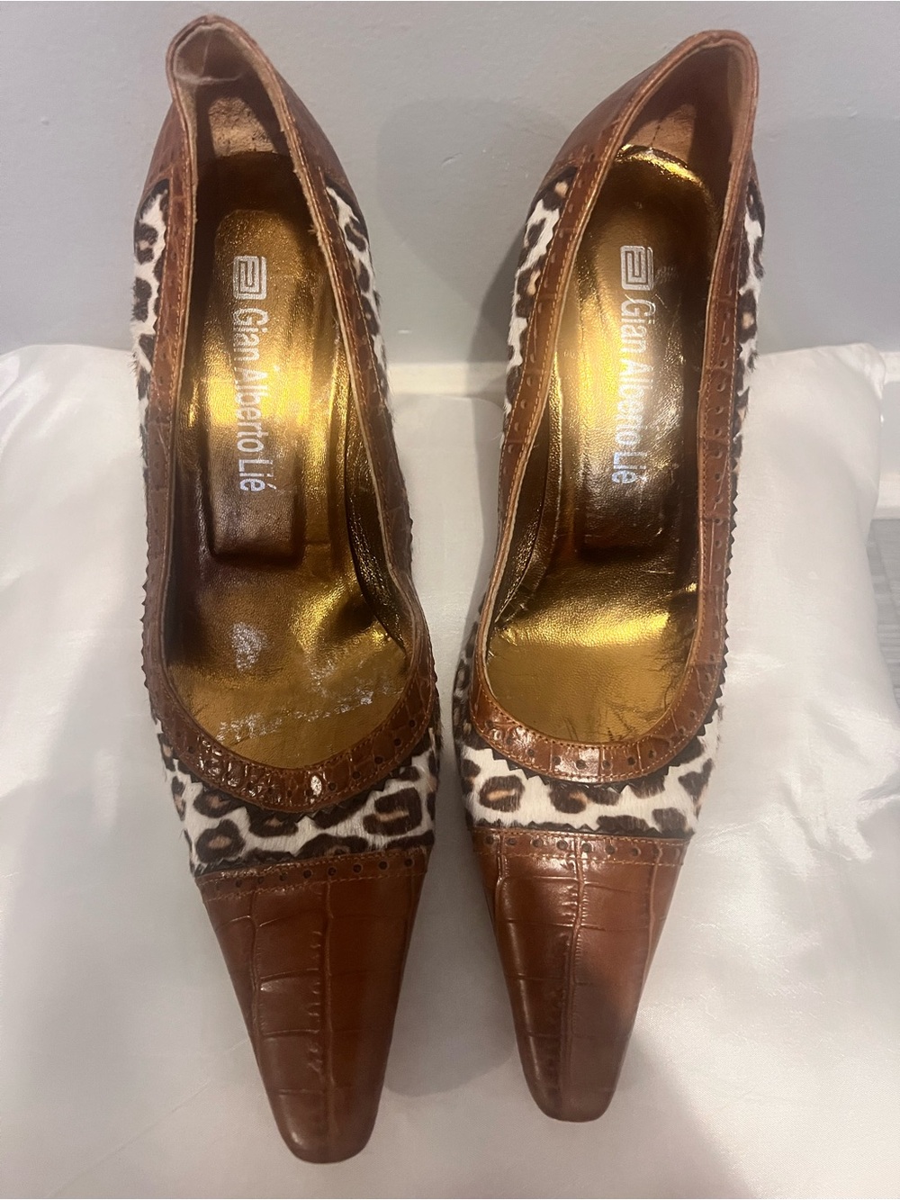 Gianmarco Lorenzi Brown Leather & Leopard-Print Pointed Pumps